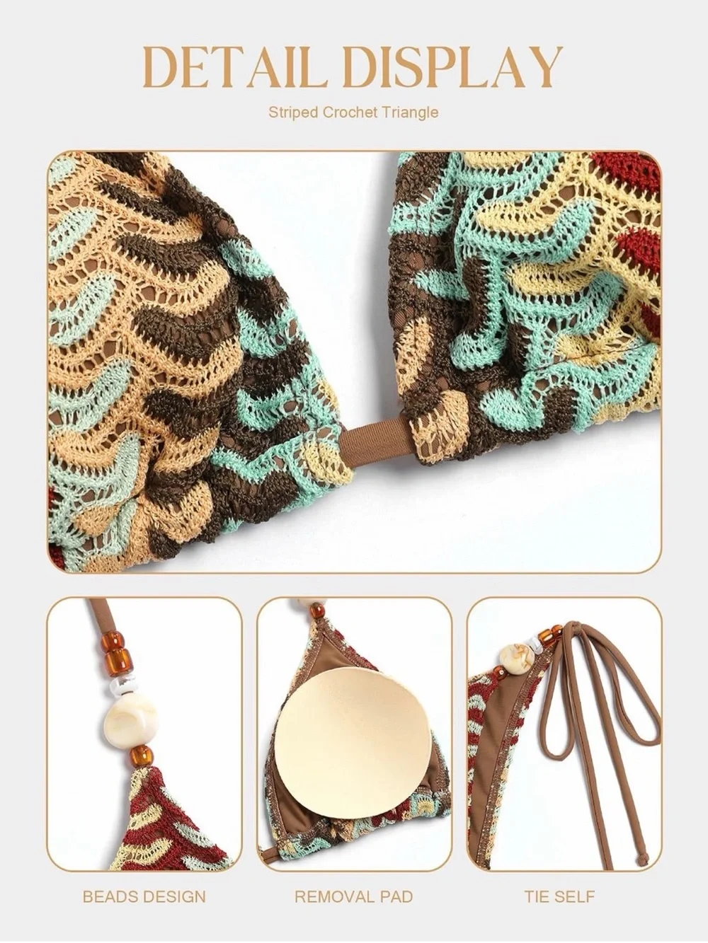 Zaful Multicolor Crochet Wave Triangle Bikini - Teal, Brown, Red